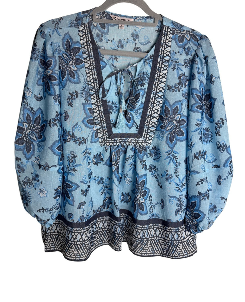 Nanette Lepore Blue Floral Peasant Top Tassel Tie Neck Puff Sleeve Womens M